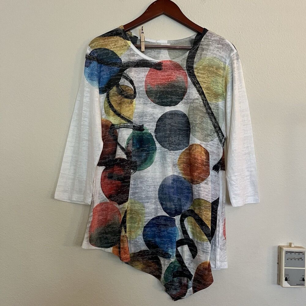 Jess & Jane 3/4 Sleeve Artsy Art Asymmetrical Abstract Circles Tunic Top SZ M